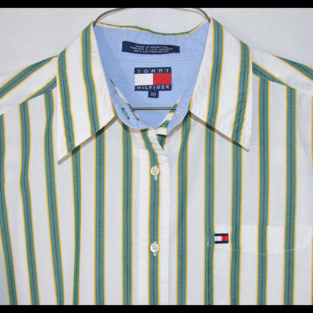 Tommy Hilfiger Blouse White w/Green Stripes Button Front LS Cotton Women's 10
